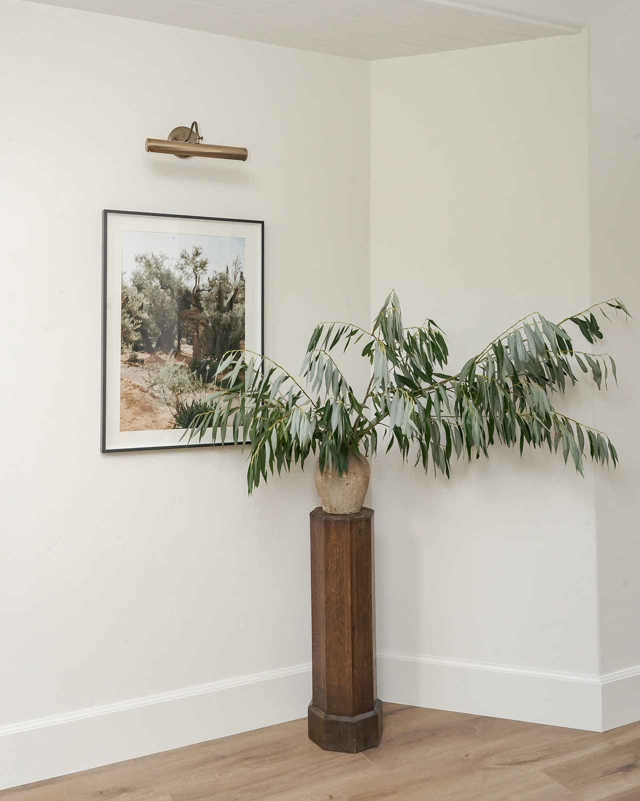 Corner vignette with framed olive grove print and eucalyptus